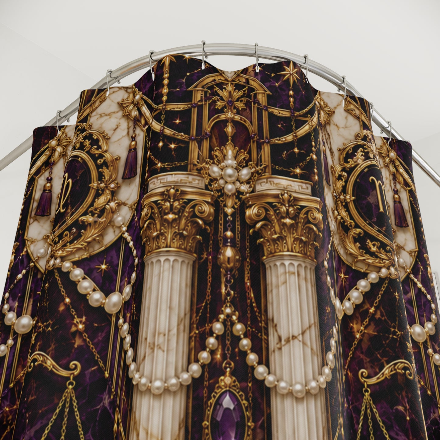 Decorative fabric with gold, purple, and white Virgo Zodiac patterns on a circular stand.