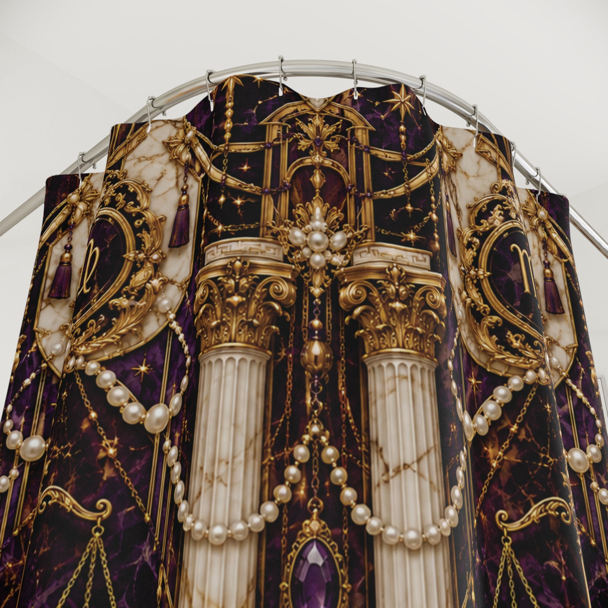 Decorative fabric with gold, purple, and white Virgo Zodiac patterns on a circular stand.