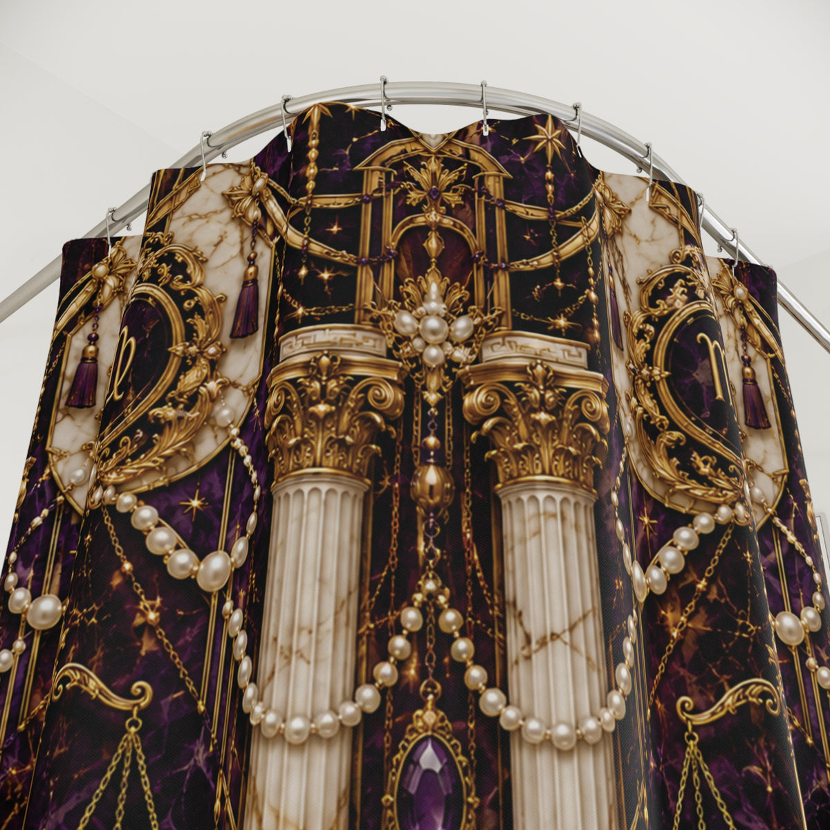 Decorative fabric with gold, purple, and white Virgo Zodiac patterns on a circular stand.