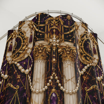 Decorative fabric with gold, purple, and white Virgo Zodiac patterns on a circular stand.