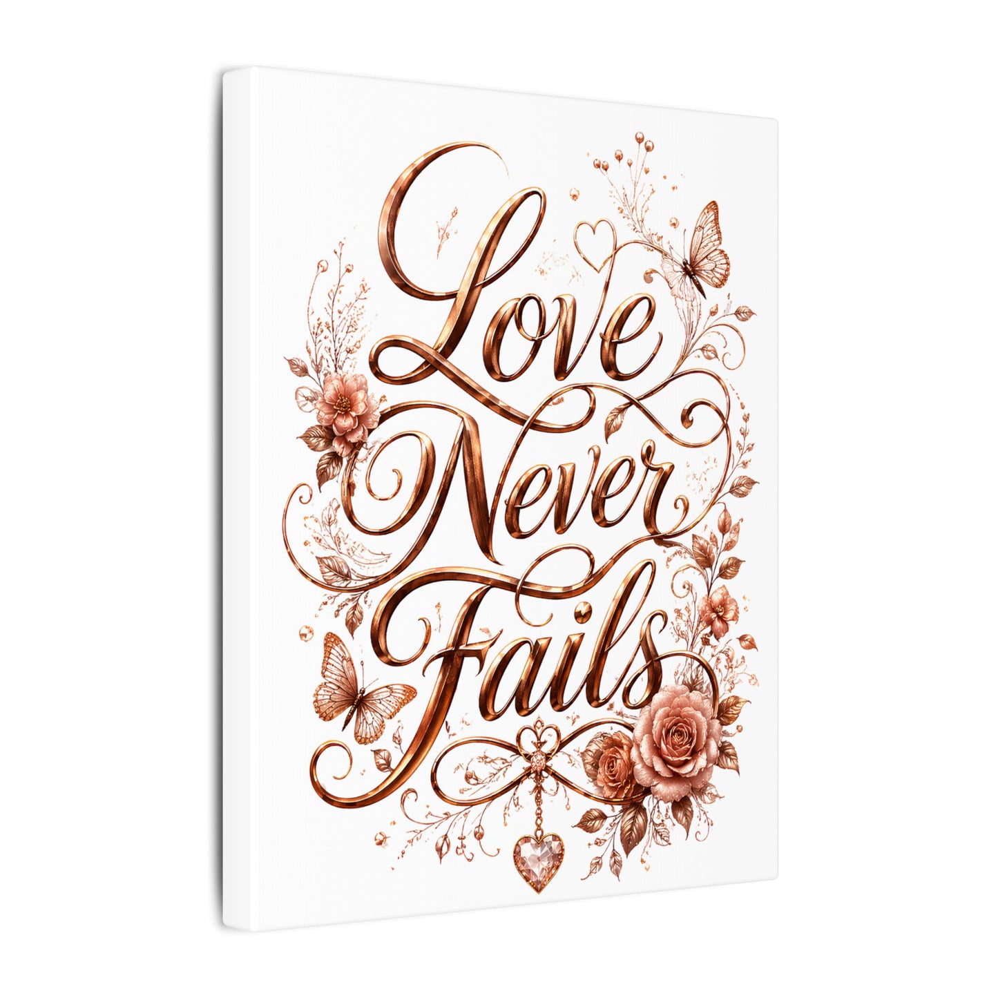 Love Never Fails Floral Canvas Wall Art — Romantic Rose Gold Typography