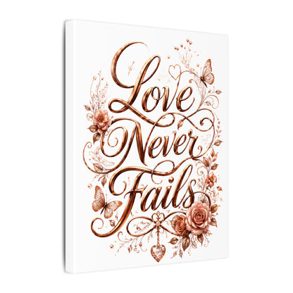Love Never Fails Floral Canvas Wall Art — Romantic Rose Gold Typography