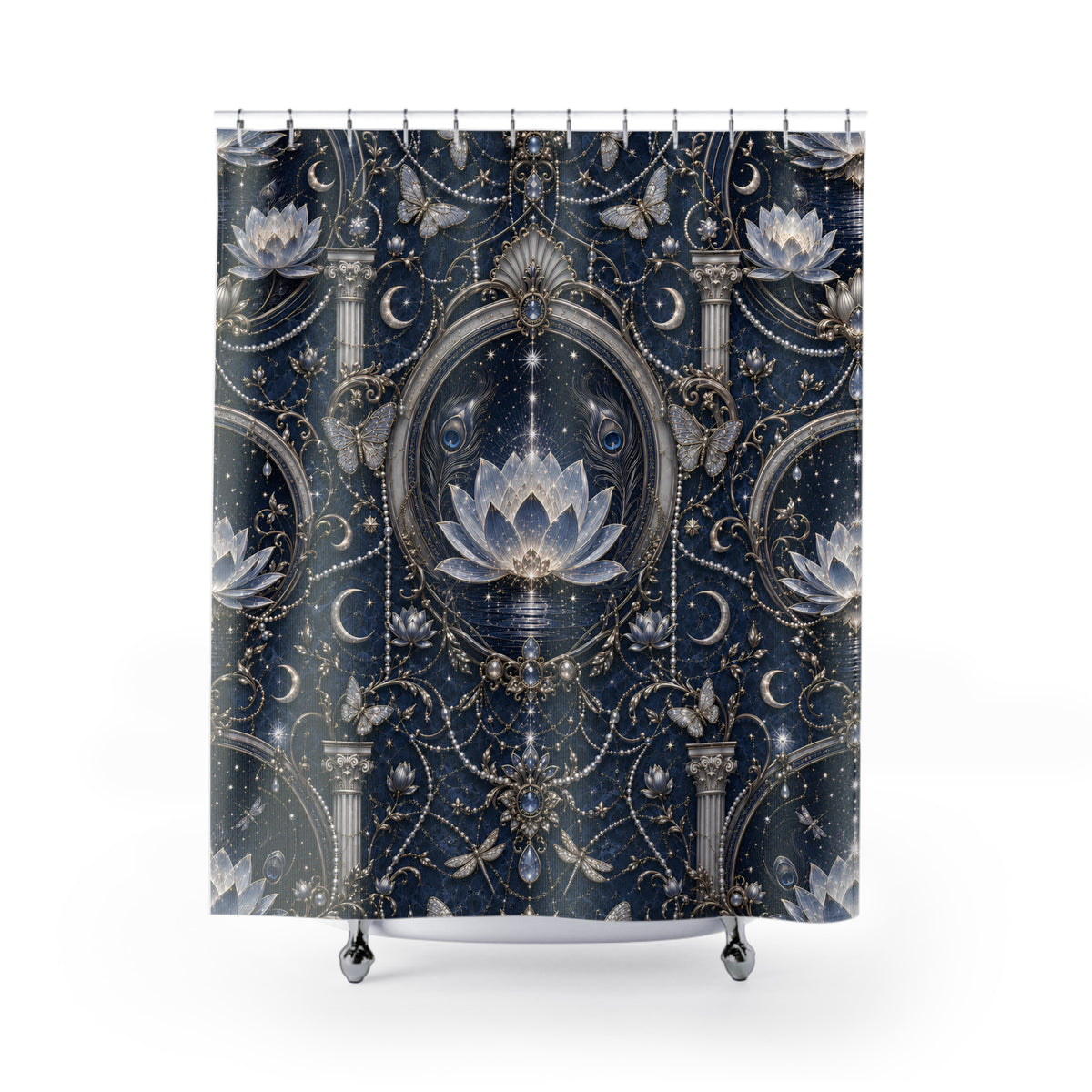 A shower curtain featuring an ornate celestial and floral pattern in navy blue, white, and gold, with central medallions, lotus flowers, crescent moons, stars, and decorative scrollwork. The curtain is shown hanging from silver hooks against a plain white background.