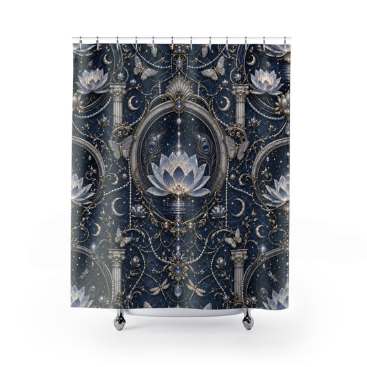 A shower curtain featuring an ornate celestial and floral pattern in navy blue, white, and gold, with central medallions, lotus flowers, crescent moons, stars, and decorative scrollwork. The curtain is shown hanging from silver hooks against a plain white background.