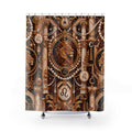Decorative shower curtain with lion emblem and Luxury Leo zodiac symbols on a brown background