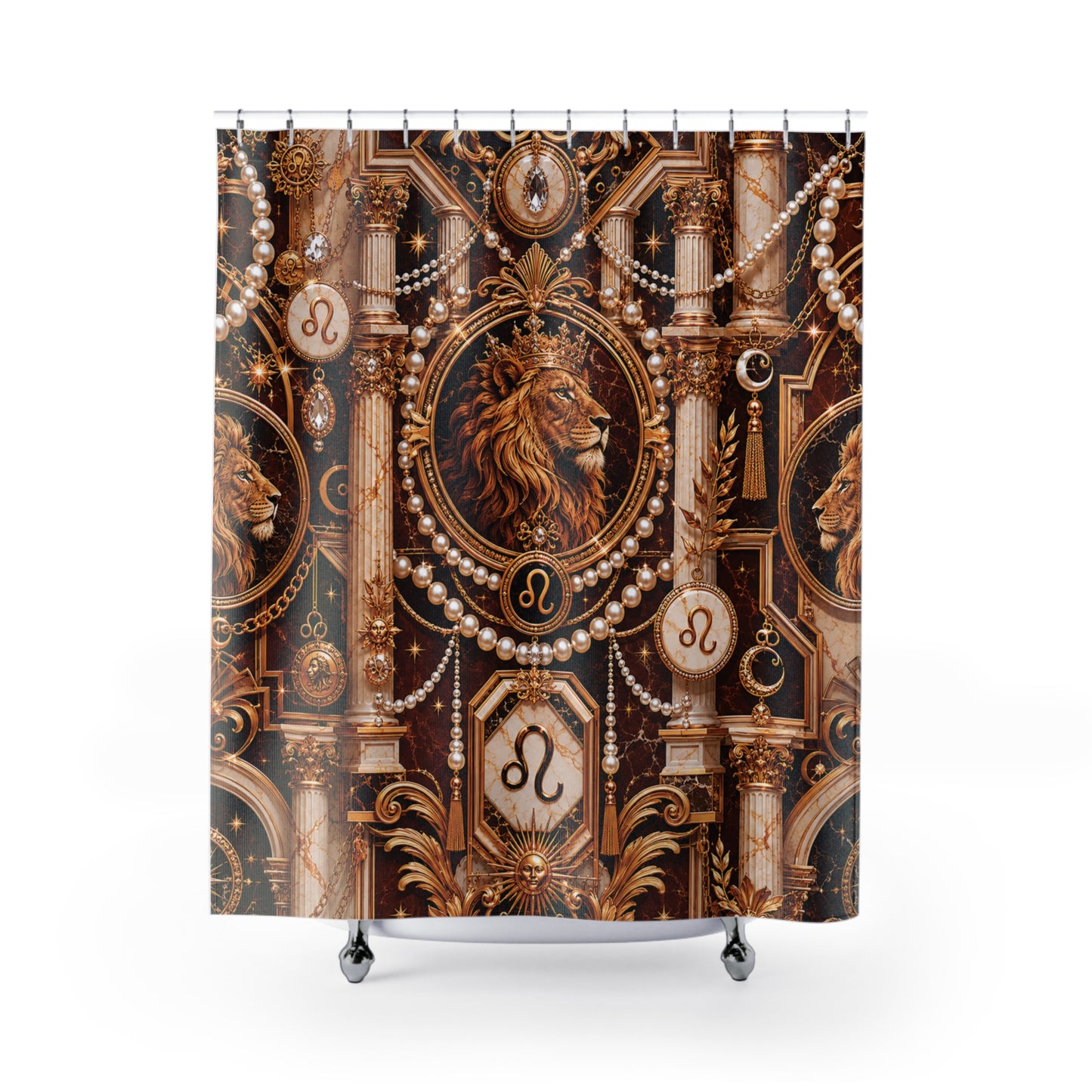Decorative shower curtain with lion emblem and Luxury Leo zodiac symbols on a brown background