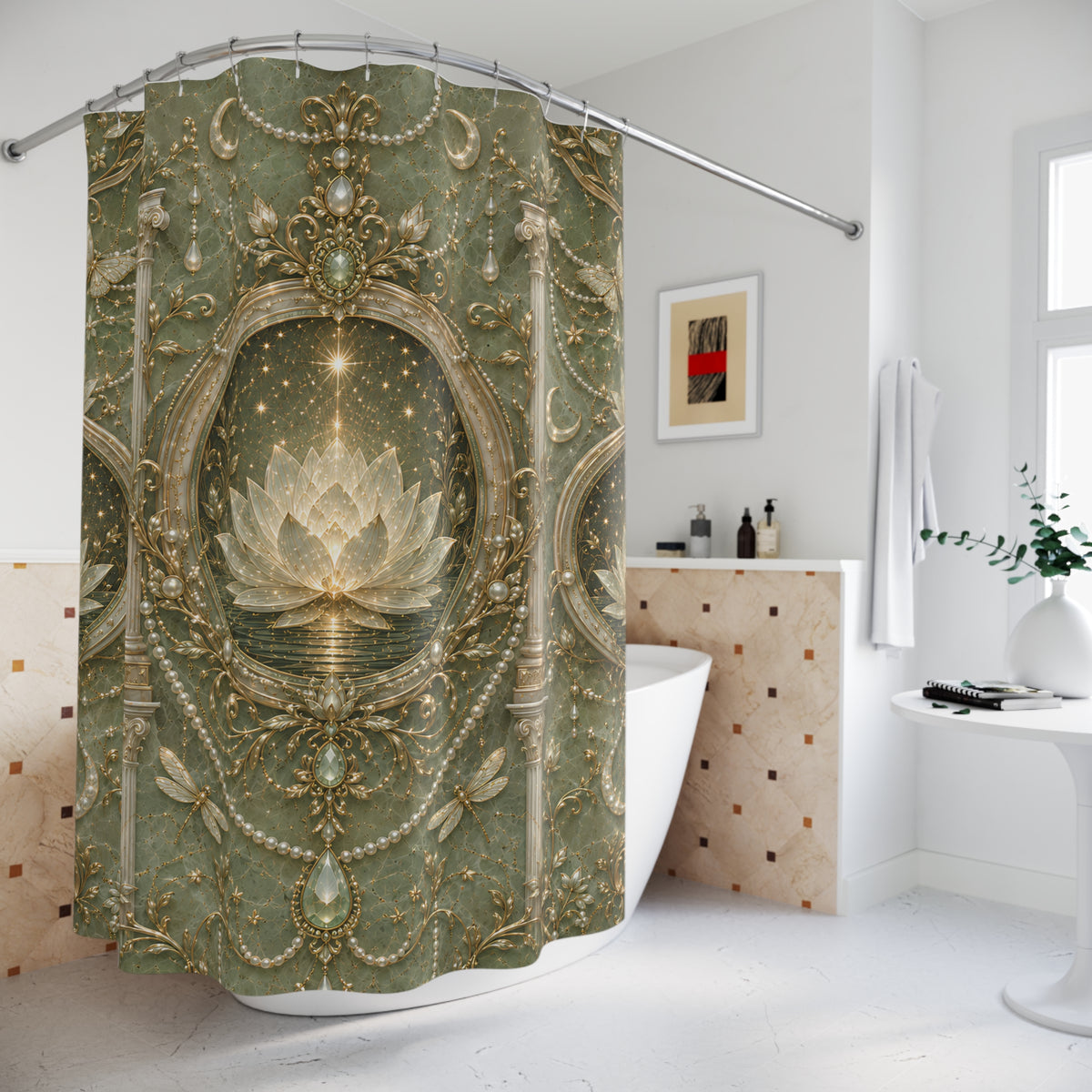An ornate shower curtain hanging in a bright white bathroom. The curtain features a detailed baroque-style design in muted sage green and gold, with a central lotus flower motif, draped over a white bathtub.