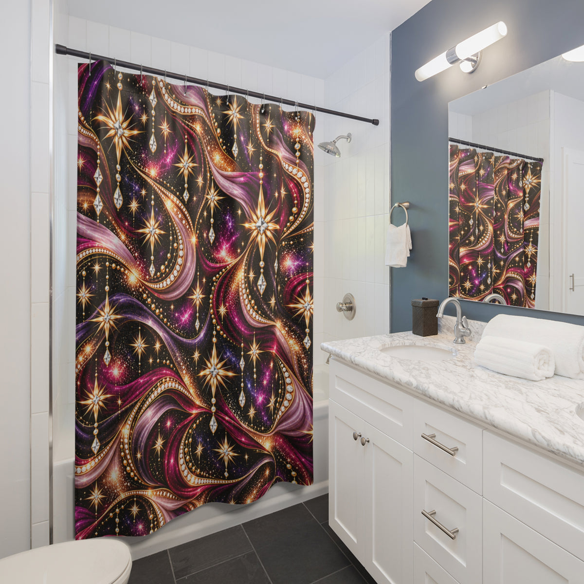 Glam Galaxy Shower Curtain — Starburst Jewel Swirl Bathroom Decor