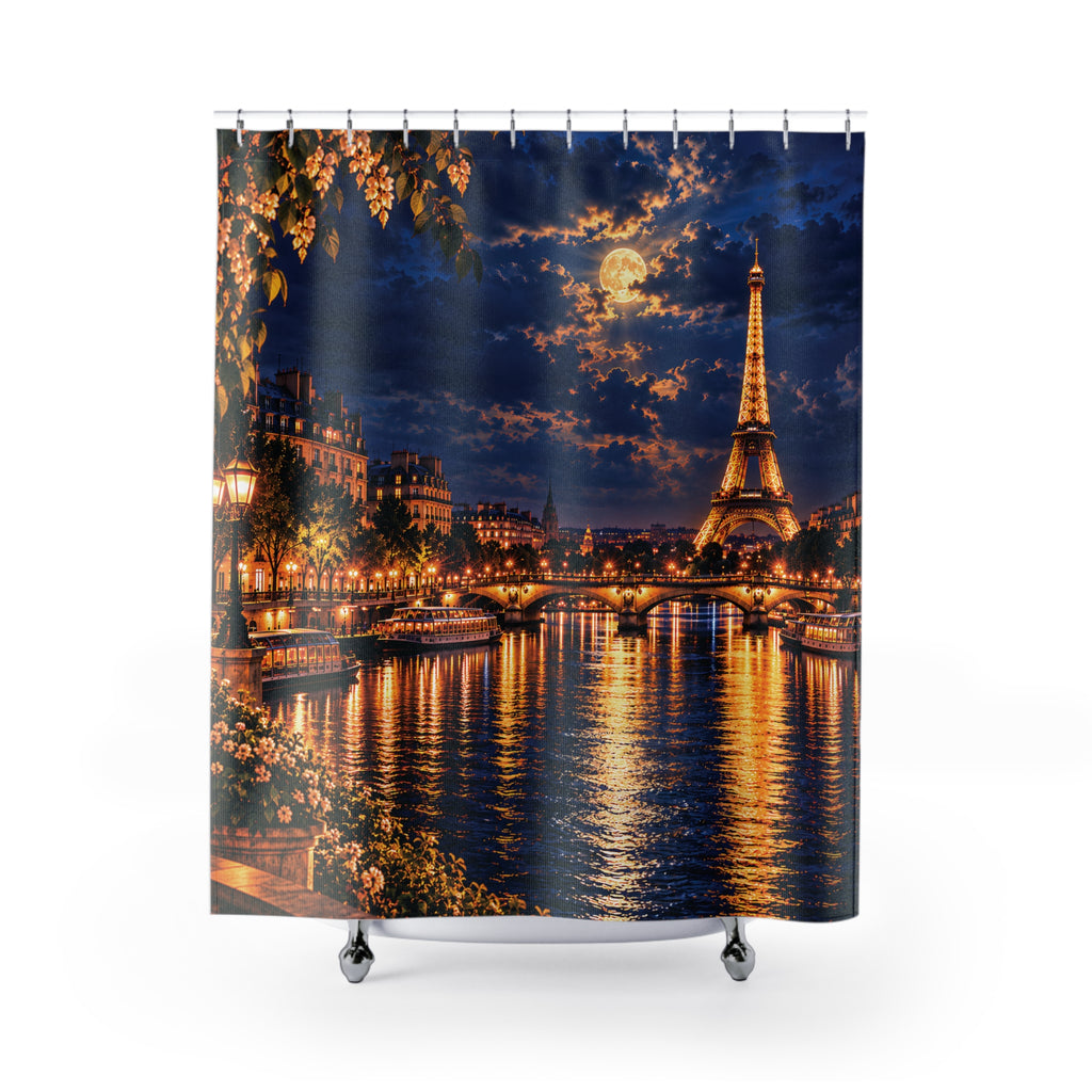 A shower curtain featuring a Paris night scene with the Eiffel Tower, illuminated bridges, boats on the Seine, and a full moon in a dark blue sky, shown hanging over a white tub against a light gray background.