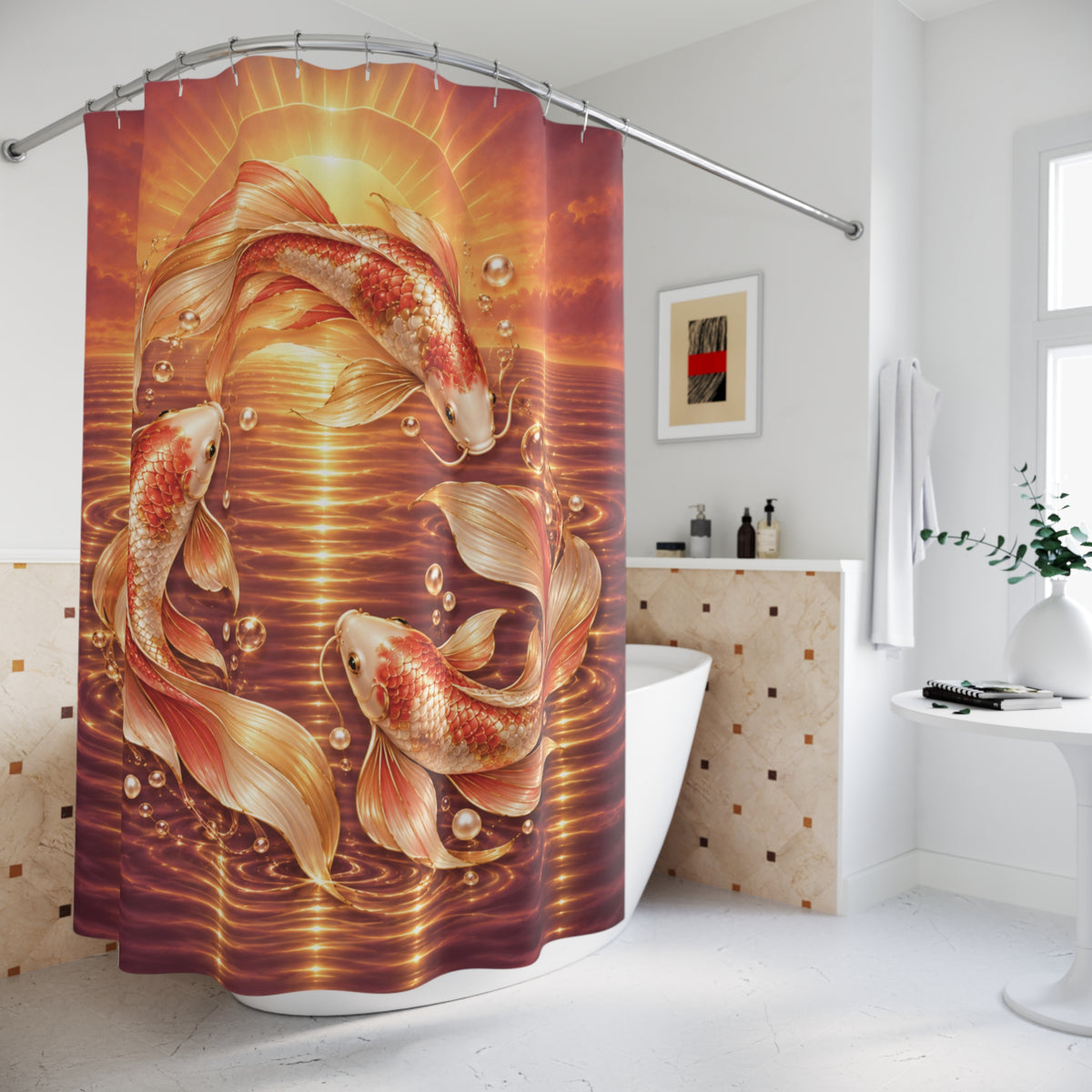 Koi Fish Golden Sunset Oriental — Shower Curtain Bathroom Decor