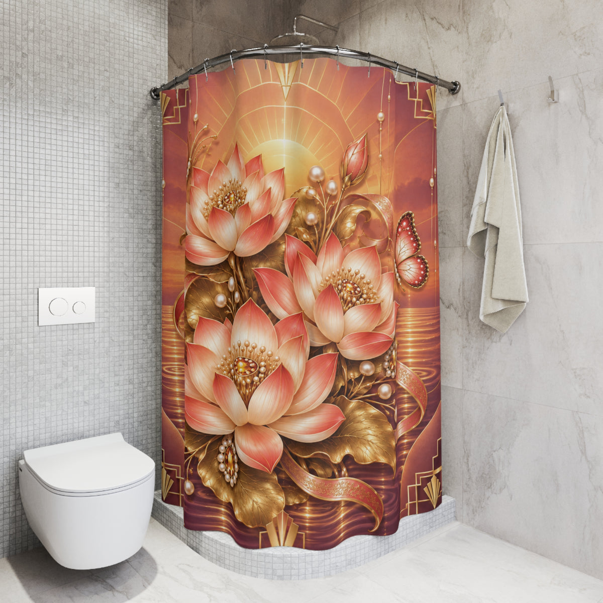 A curved shower curtain hanging in a modern bathroom, featuring a detailed print of pink and peach lotus flowers, gold leaves, and a butterfly on a warm orange and brown background. The bathroom has gray tiled walls and a white toilet.
