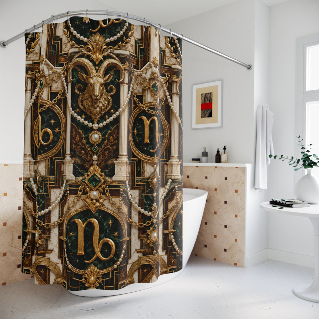 Decorative shower curtain with Capricorn Zodiac design in a bathroom setting