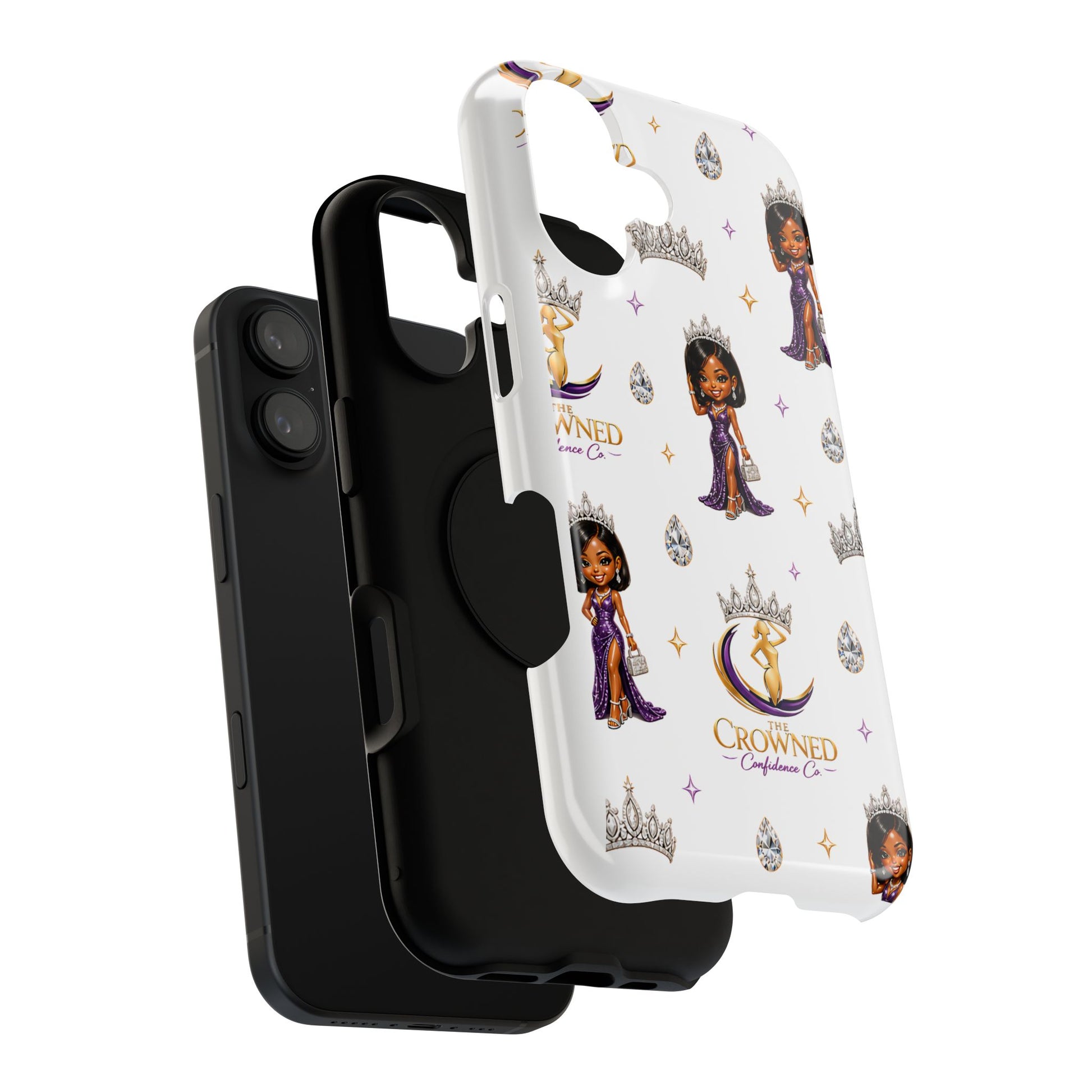 Phone case with cartoon character and 'Crowned' branding on a white background