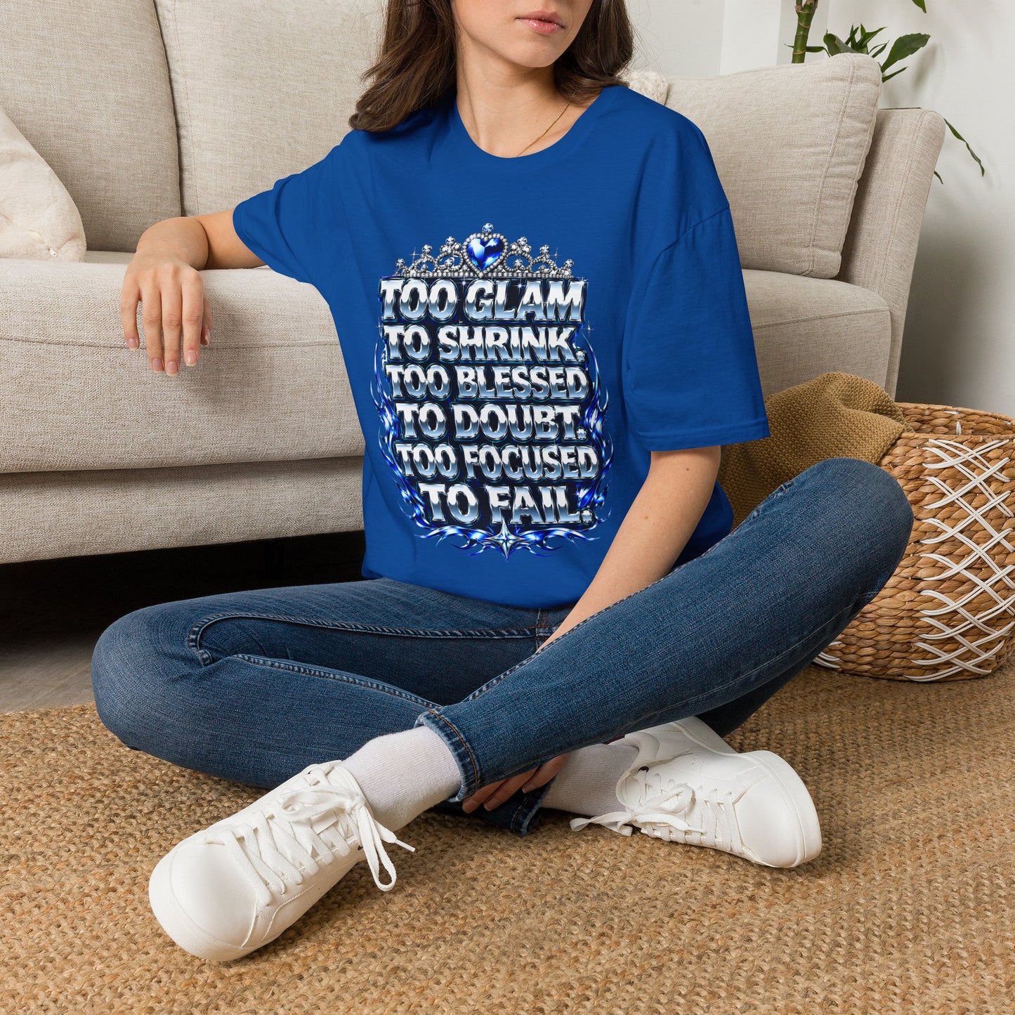 Too Glam to Shrink Too Blessed T-Shirt — Faux Rhinestone Tiara Graphic