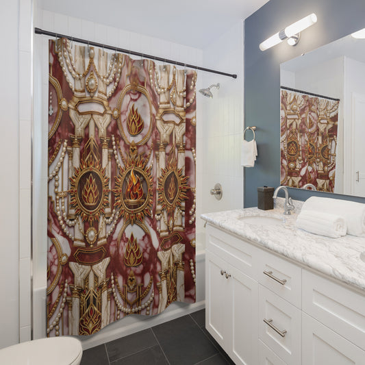 A bathroom scene showing a shower curtain with an ornate baroque-style pattern in burgundy, cream, and gold. The bathroom includes a white vanity with a marble countertop, a mirror, a wall-mounted light fixture, and dark gray floor tiles.