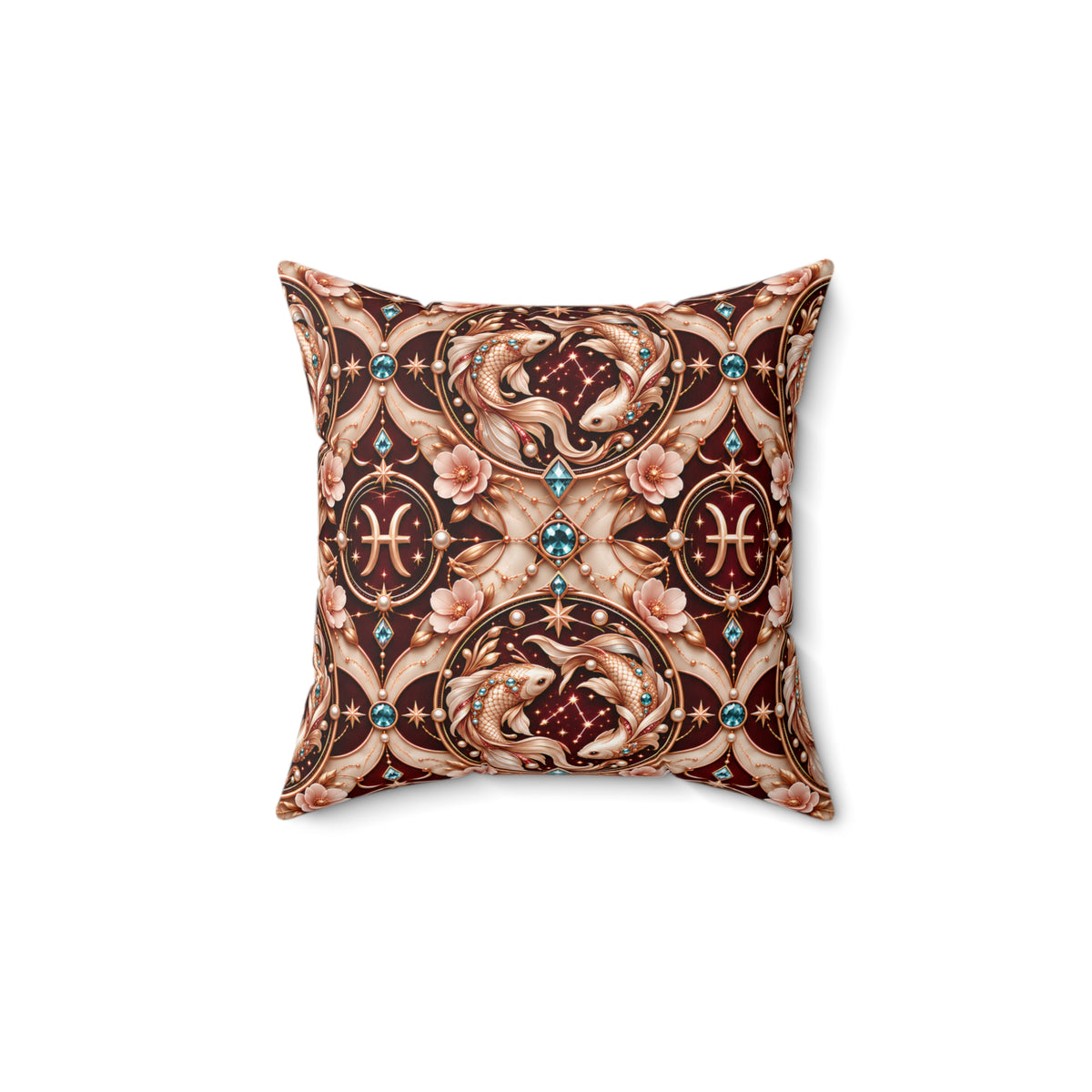 A square decorative throw pillow featuring an ornate baroque-style pattern with zodiac symbols, roses, and gem motifs in brown, beige, pink, and gold tones, shown on a plain white background.