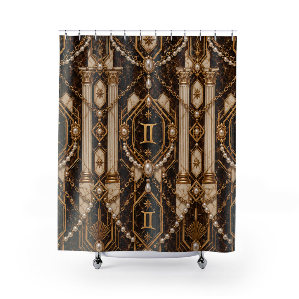 Decorative shower curtain with intricate design featuring columns, chains, and pearls on a dark background. Gemini zodiac pattern.