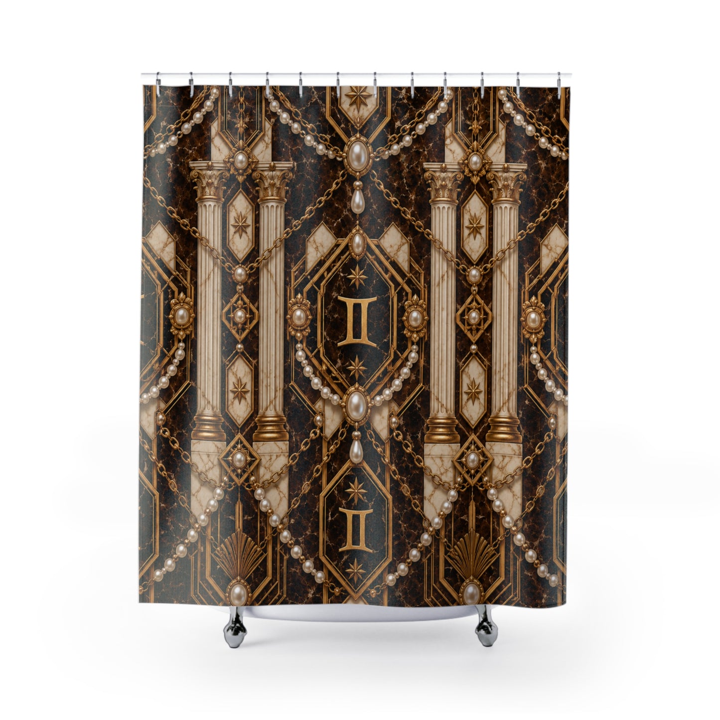 Decorative shower curtain with intricate design featuring columns, chains, and pearls on a dark background. Gemini zodiac pattern.