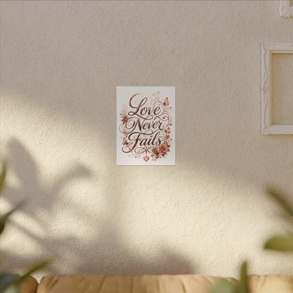 Love Never Fails Floral Canvas Wall Art — Romantic Rose Gold Typography