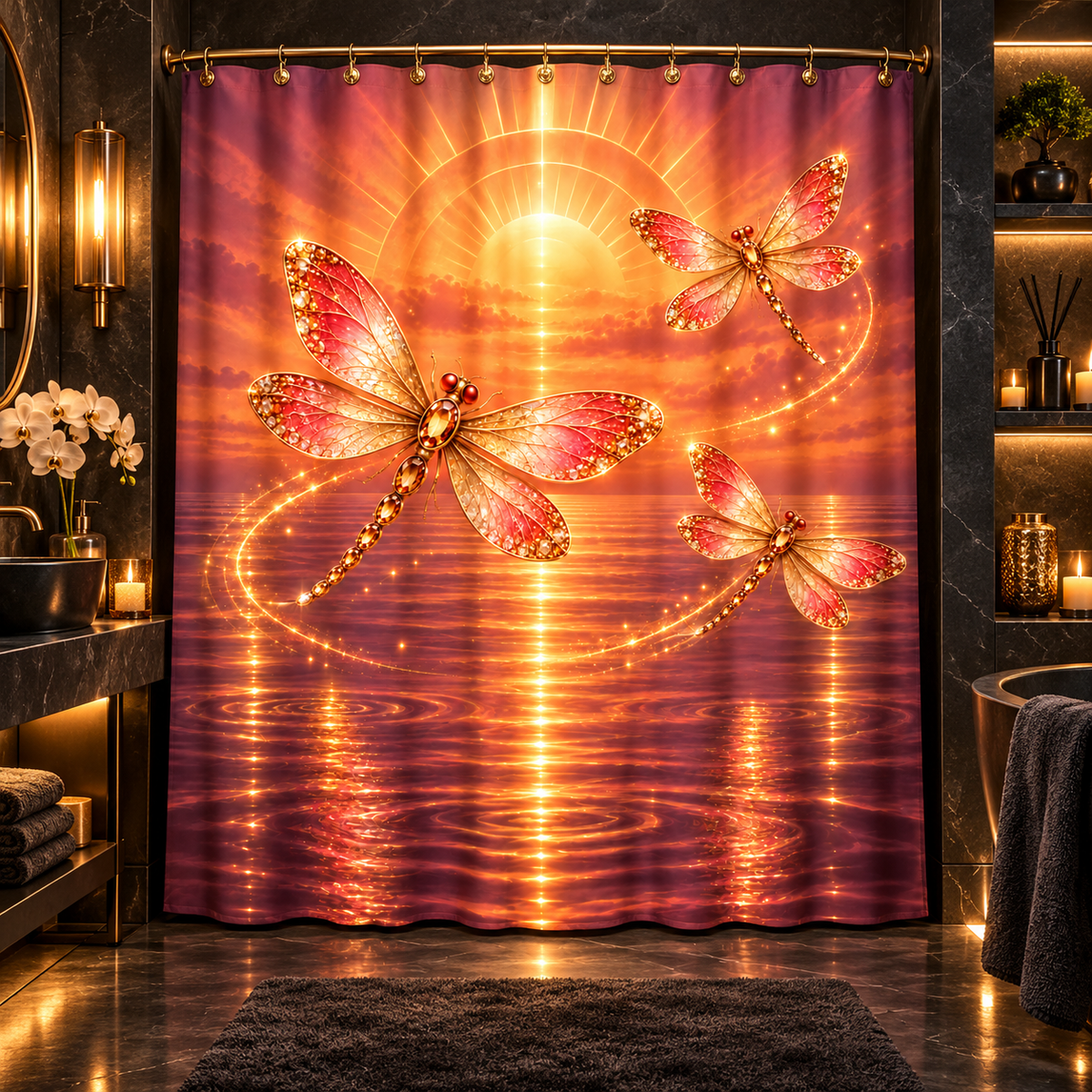 Golden Dragonfly Tranquil Sunset — Shower Curtain Bath Decor