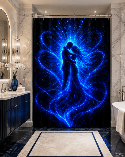 Romantic Cosmic Embrace Shower Curtain — Blue Galaxy Couple Bathroom Decor