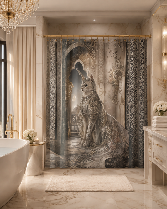 Majestic Palace Cat Shower Curtain — Ornate Vintage Fantasy Bathroom Decor