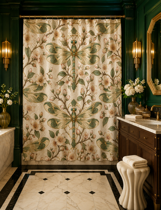 A bathroom scene with a large decorative shower curtain featuring a vintage floral and dragonfly pattern in beige, green, and brown tones. The room has dark green paneled walls, gold sconces, a marble floor, a dark wood vanity, and folded white towels on a sculptural stool.