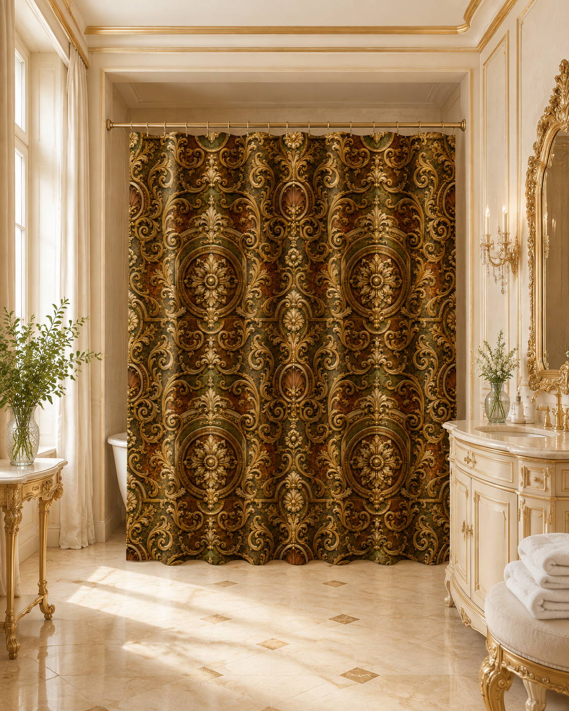Elegant ivory-and-gold château bathroom showcasing a richly detailed Renaissance-patterned shower curtain as the focal point.