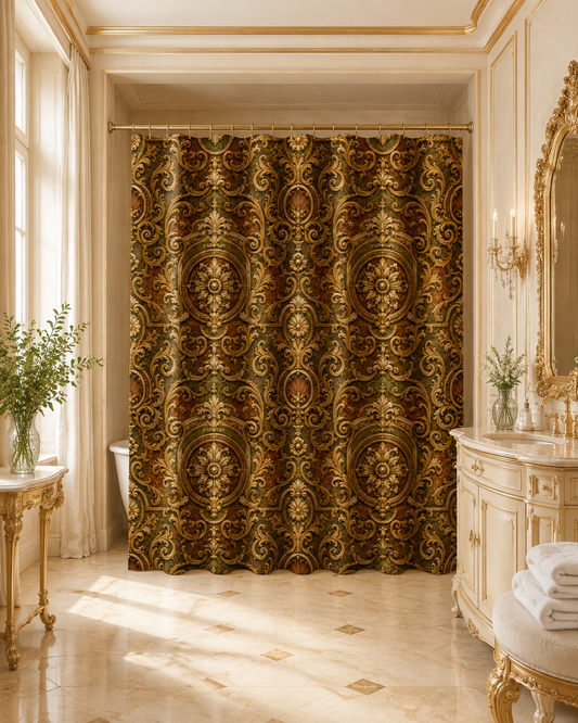 Elegant ivory-and-gold château bathroom showcasing a richly detailed Renaissance-patterned shower curtain as the focal point.