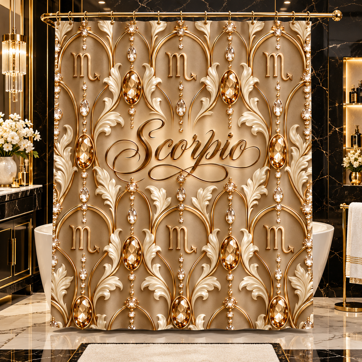 A luxury shower curtain featuring an ornate gold and beige baroque-style damask pattern with gemstone motifs, hanging rods, and the word 'Scorpio' in the center. The curtain is shown hanging in a high-end, modern bathroom with black marble walls and gold fixtures.