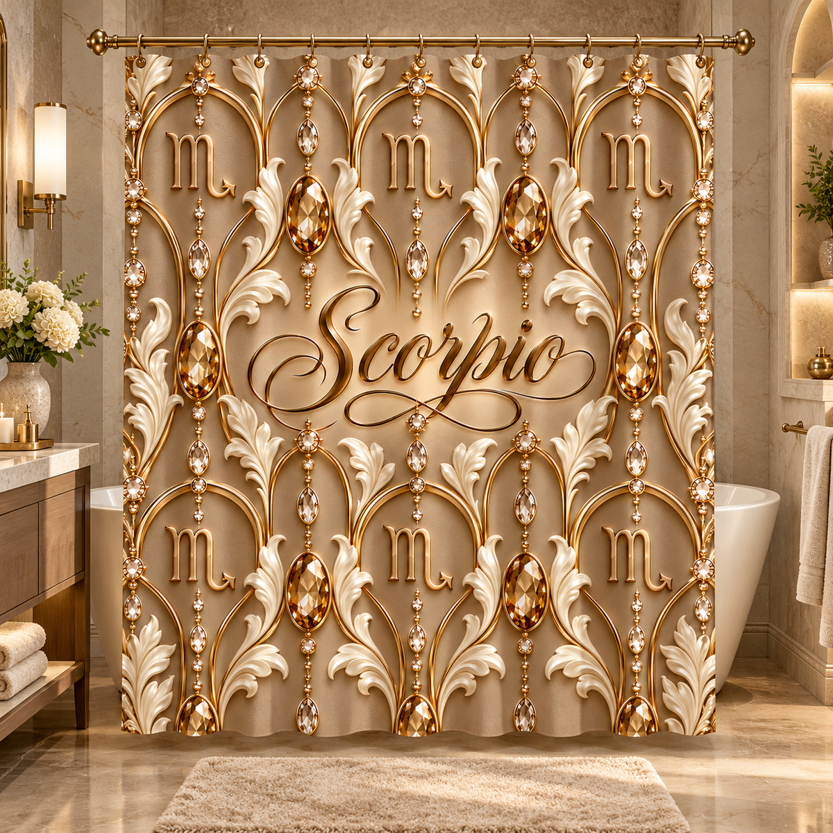 A luxurious shower curtain displayed in a bathroom setting. The curtain features a gold and cream damask-style baroque pattern with hanging crystal-like drops, large gemstone motifs, and the word 'Scorpio' in elegant script in the center, flanked by two large letters 'M' on either side.
