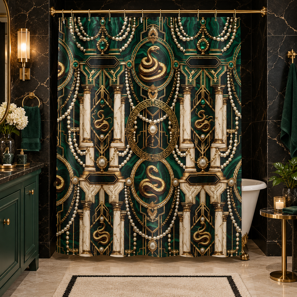 A luxury shower curtain featuring an ornate Art Deco design in emerald green, cream, and gold, with repeating motifs of columns, pearl strands, and coiled snakes. The curtain is shown hanging in a modern bathroom with dark marble walls, a green vanity, and a white clawfoot tub.