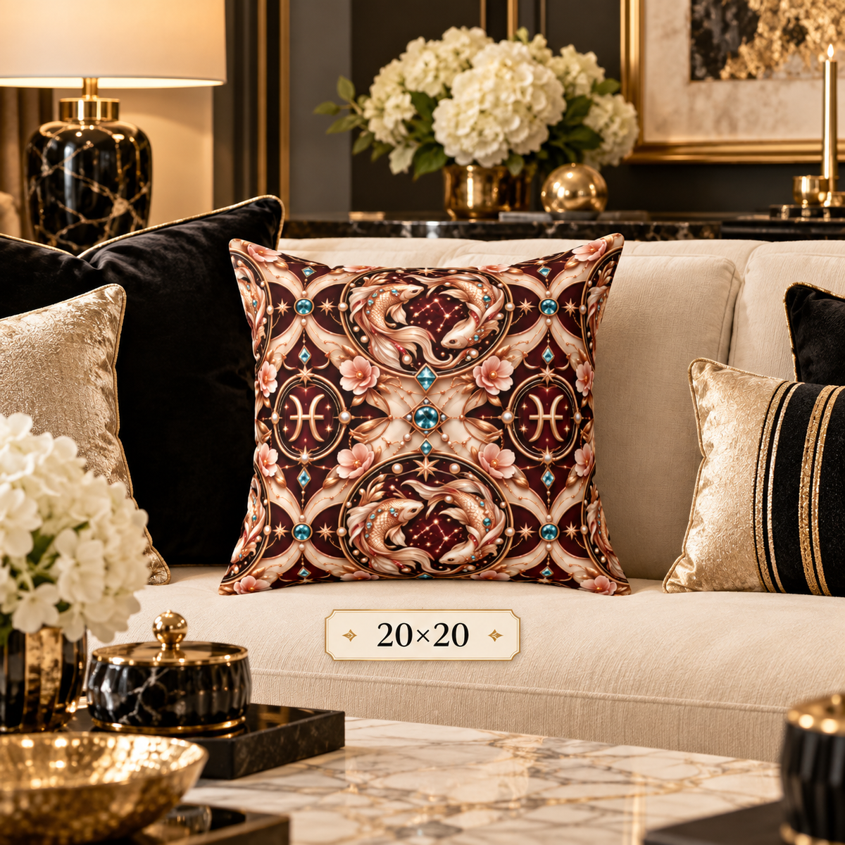 A square decorative throw pillow with an ornate baroque-style pattern in burgundy, gold, and beige, styled on a cream sofa in a luxurious living room setting. A small label at the bottom of the pillow reads '20x20'.