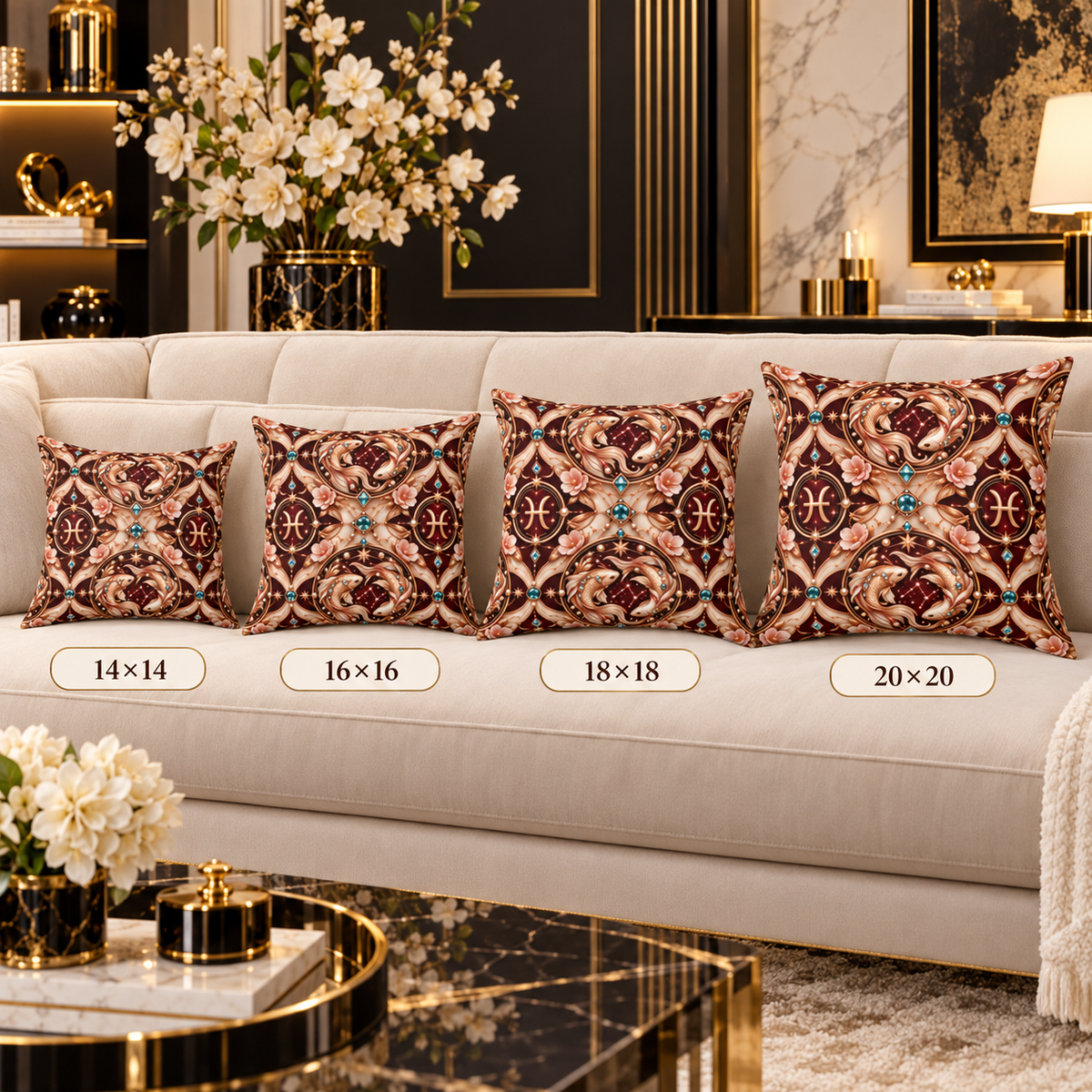 Four decorative throw pillows with an ornate baroque-style pattern in brown, beige, and teal are arranged on a cream sofa. Text labels below each pillow indicate the sizes: 14x14, 16x16, and 20x20.