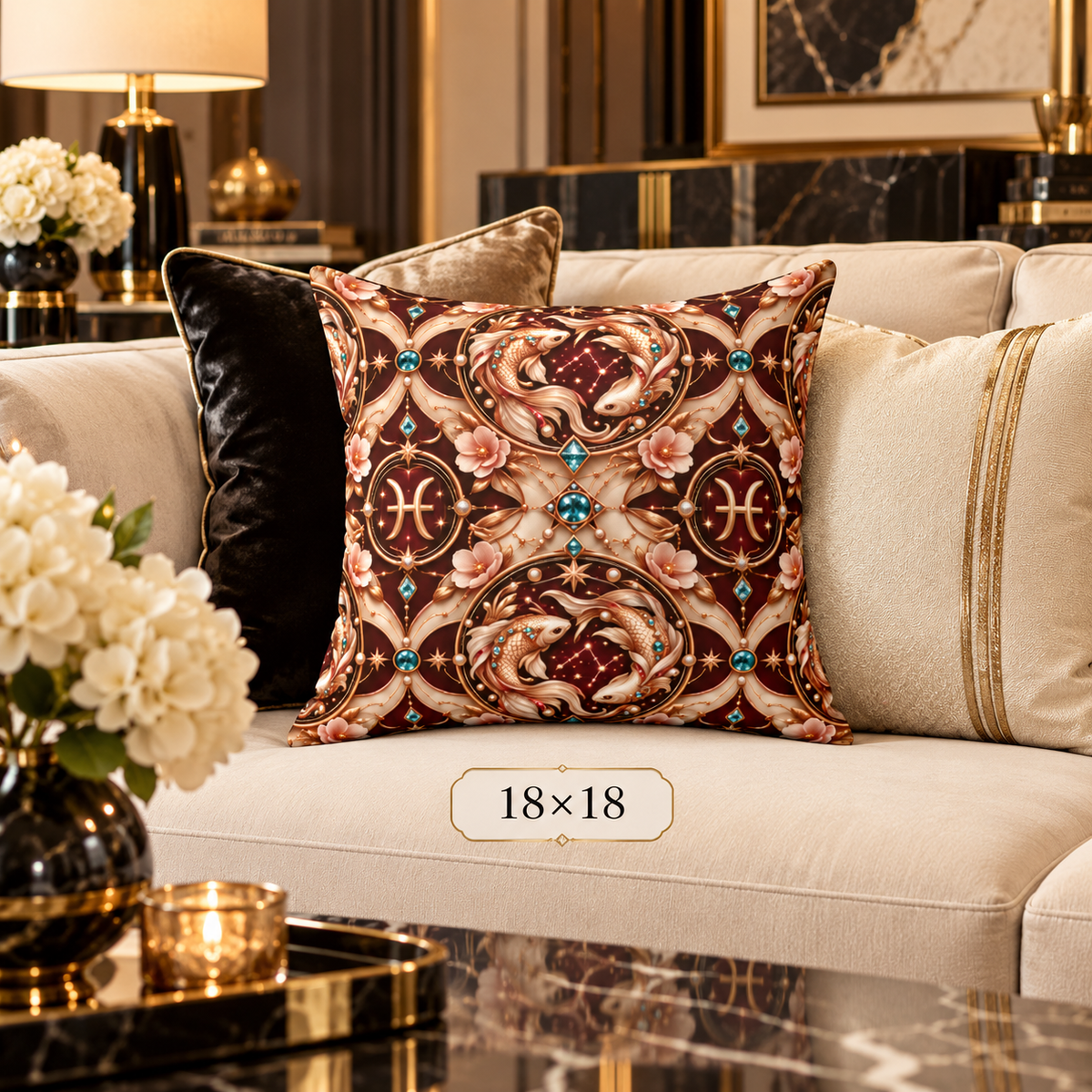 A decorative square throw pillow with an ornate baroque-style pattern in brown, beige, and gold, styled on a cream sofa in a luxurious living room setting. A size label reading '18x18' is overlaid near the bottom.