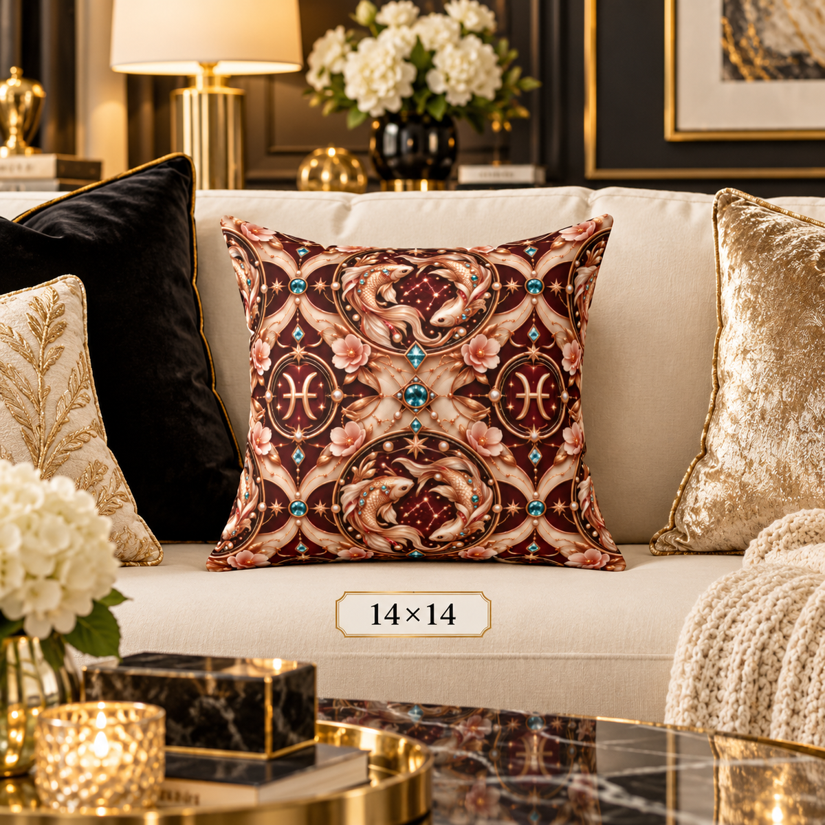 A decorative square throw pillow with an ornate baroque-style pattern in burgundy, gold, and beige, styled on a cream sofa in a luxurious living room setting. A '14x14' size label is displayed below the pillow.