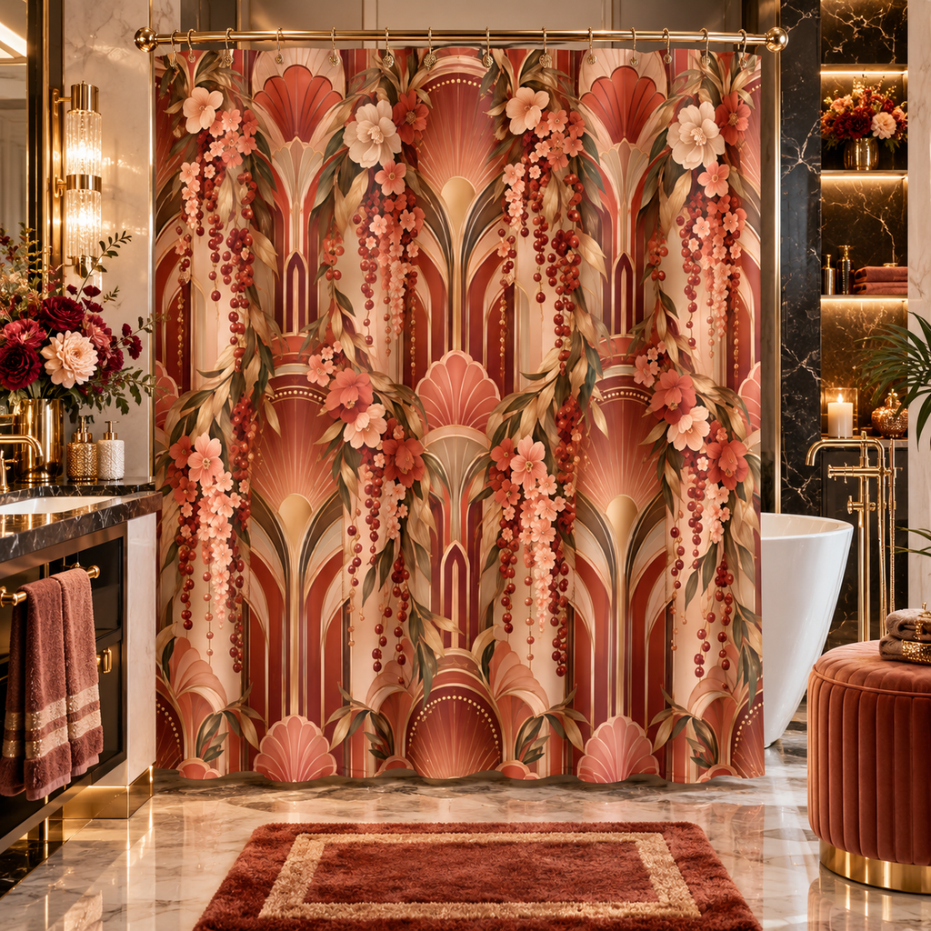 \Vintage Peach & Terracotta Botanical Floral Shower Curtain