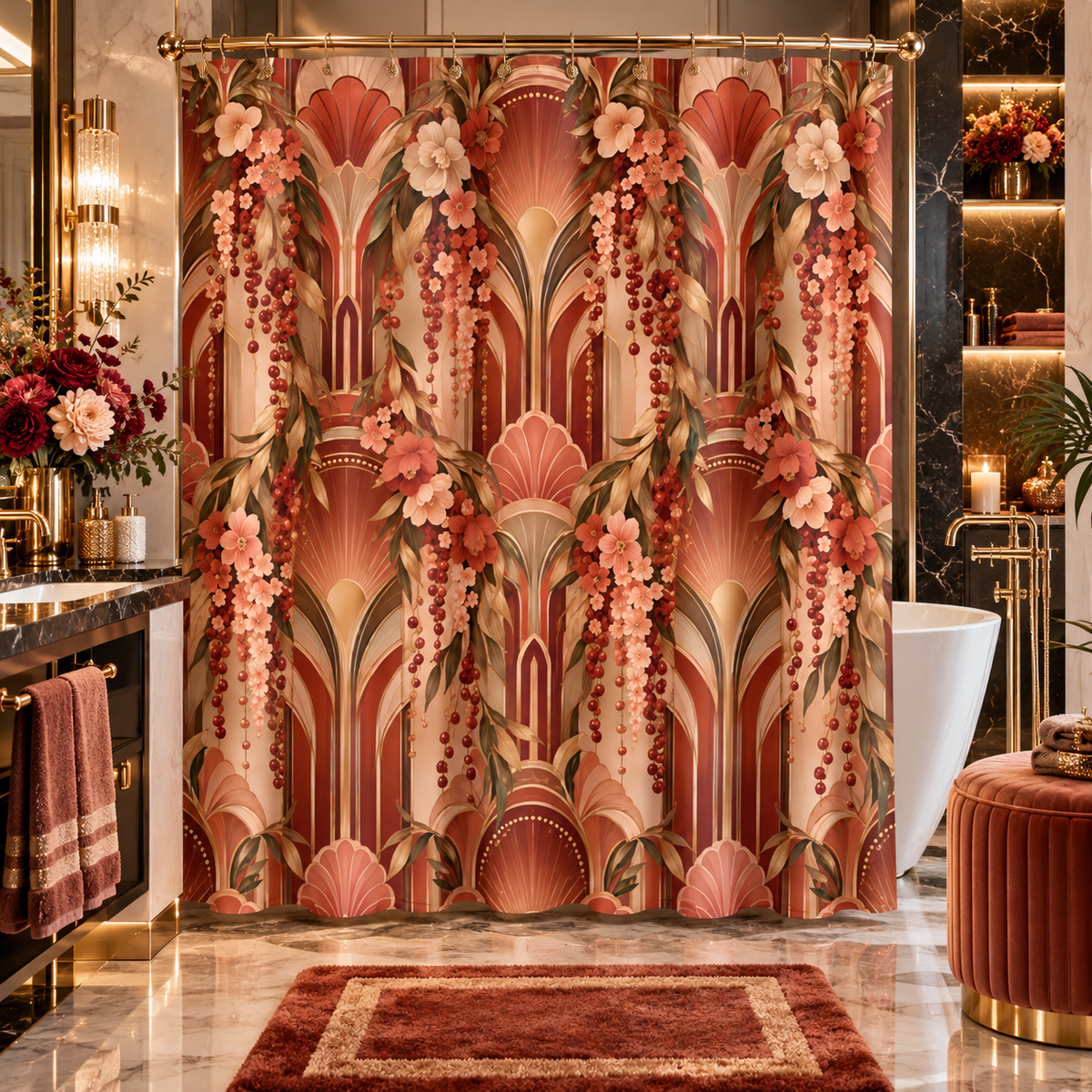 \Vintage Peach & Terracotta Botanical Floral Shower Curtain