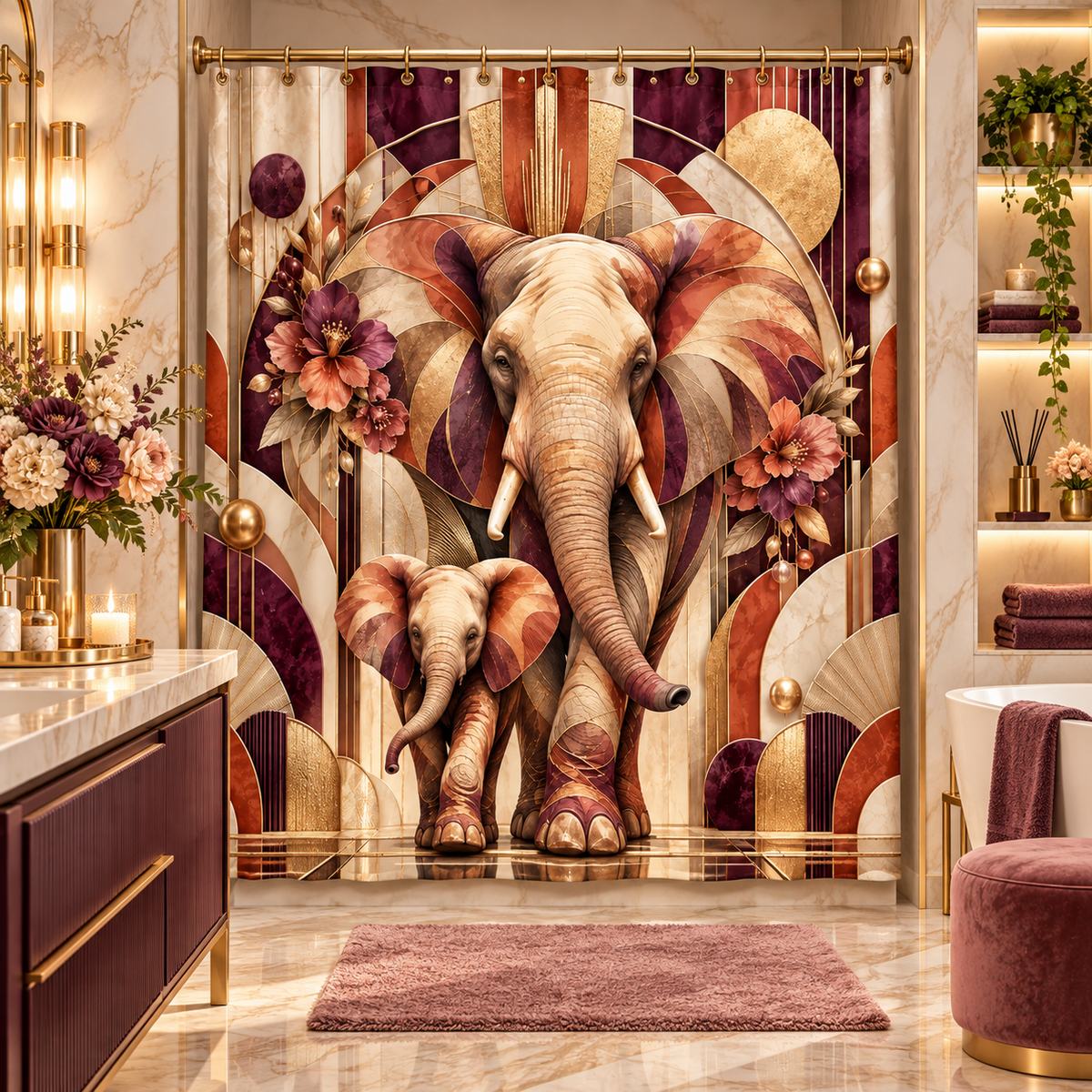 Safari Elephant Mom & Calf Shower Curtain — Boho Vintage Shower Curtain