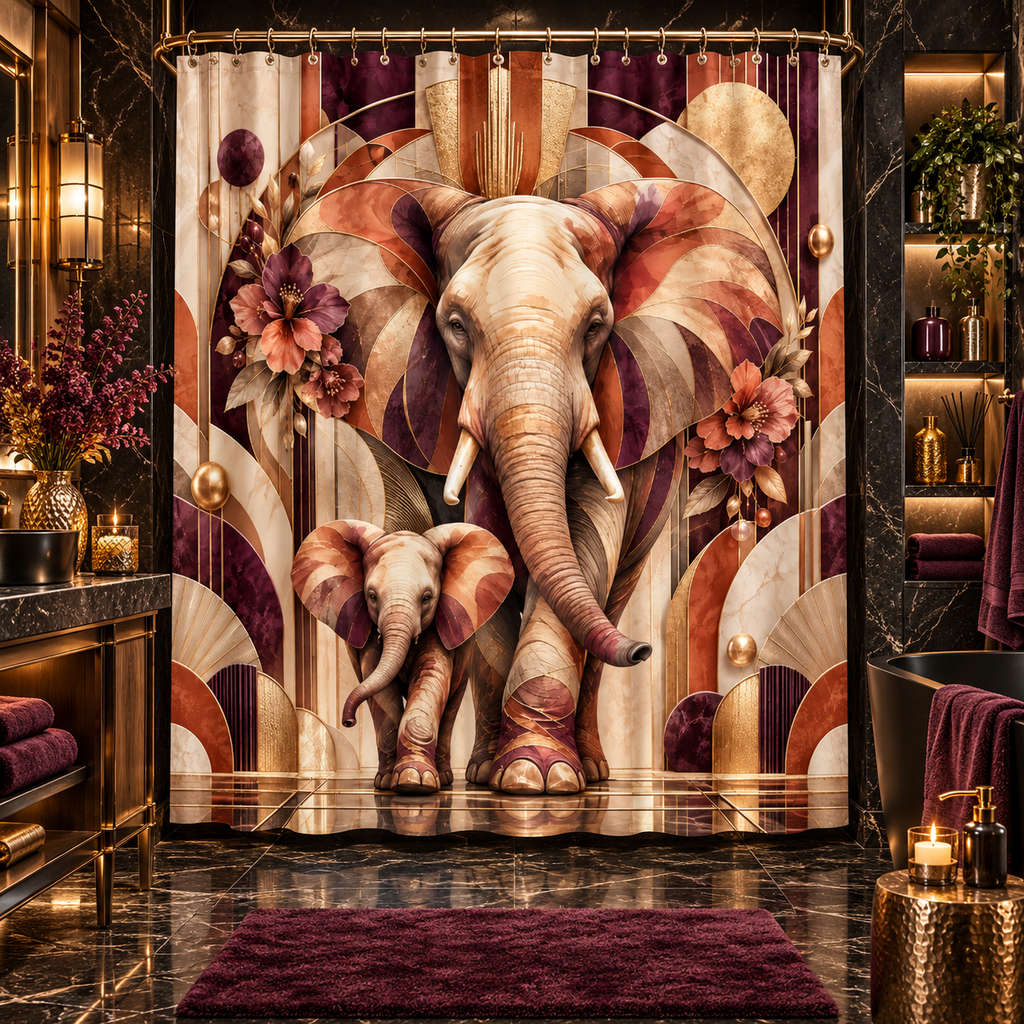 Safari Elephant Mom & Calf Shower Curtain — Boho Vintage Shower Curtain