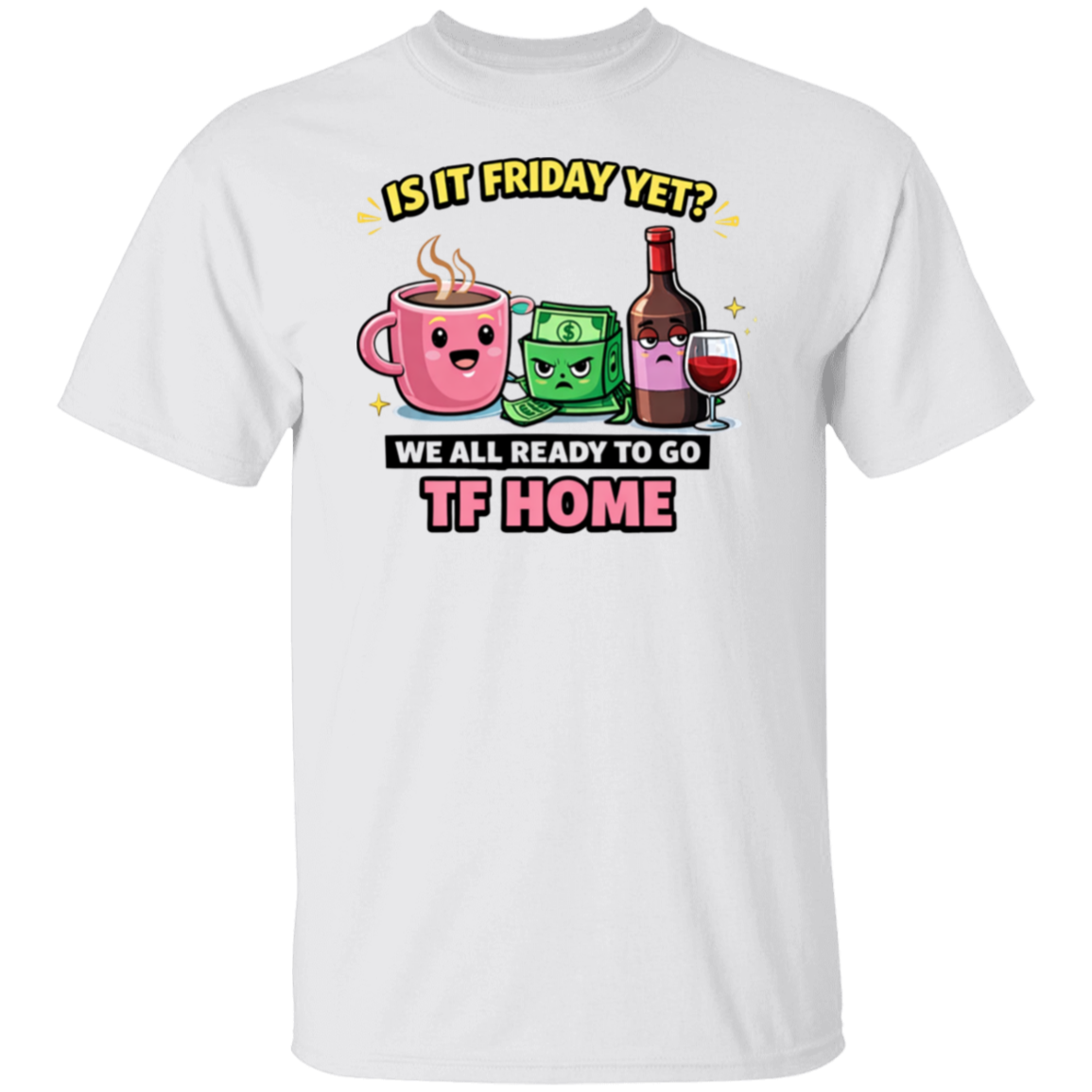 White t-shirt with cartoon drink characters and text on a white background
