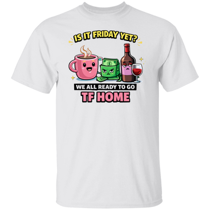 White t-shirt with cartoon drink characters and text on a white background