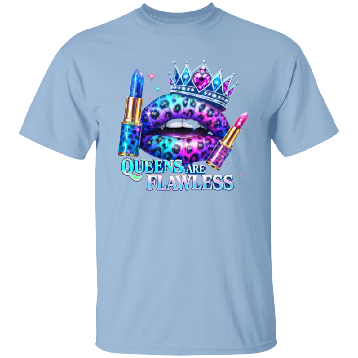 light blue t-shirt with a colorful graphic and text.