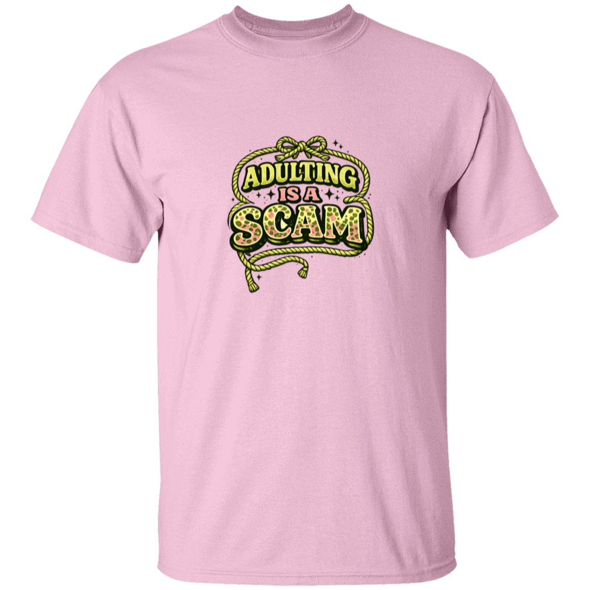 Pink t-shirt with 'Adulting is a Scam' graphic design on a white background