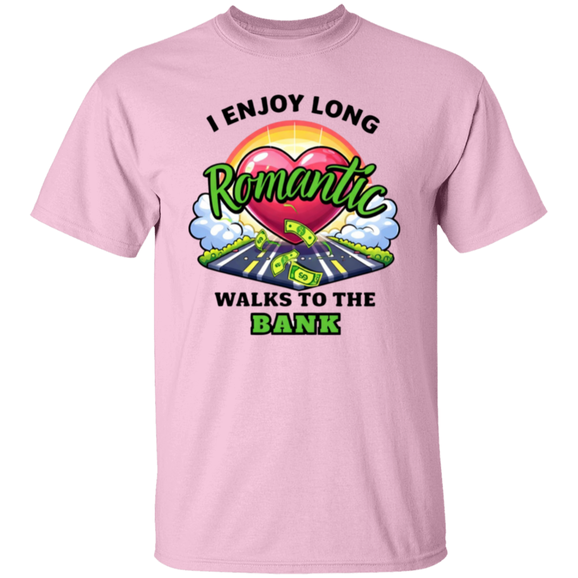 Pink t-shirt with colorful graphic and text on a white background