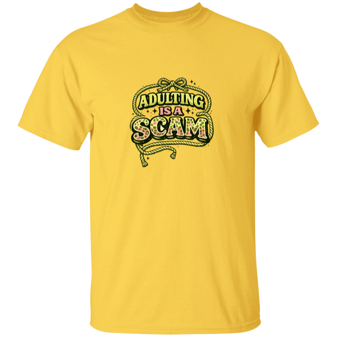 Yellow t-shirt with 'Adulting is a Scam' graphic design on a white background