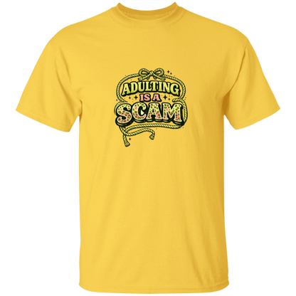 Yellow t-shirt with 'Adulting is a Scam' graphic design on a white background