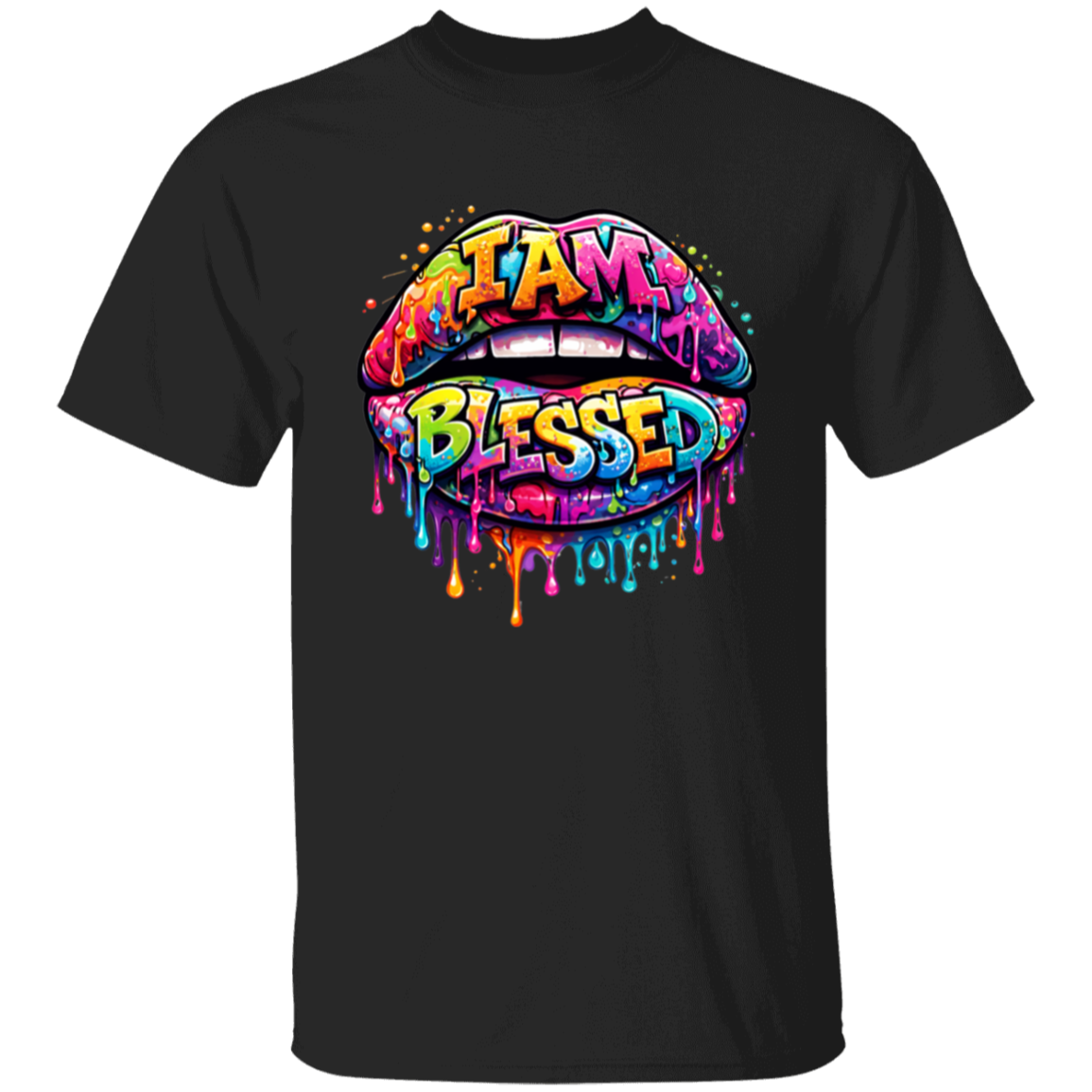 Black t-shirt with colorful lips and 'I AM BLESSED' text on a white background