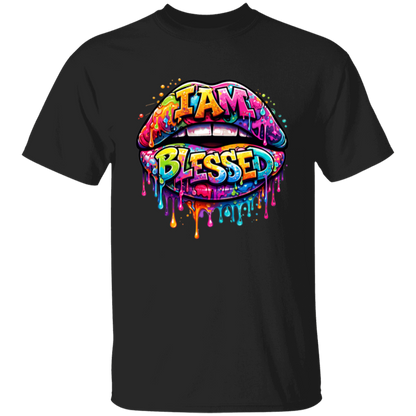 Black t-shirt with colorful lips and 'I AM BLESSED' text on a white background