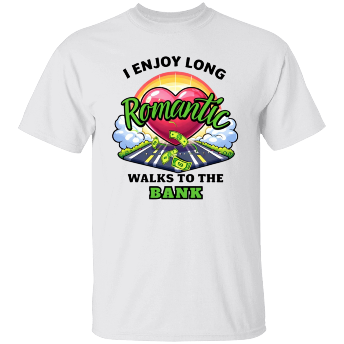 White t-shirt with colorful graphic and text on a white background